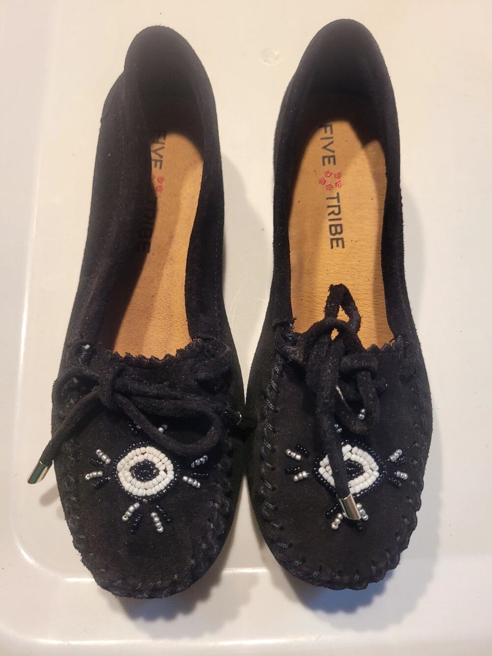 Five Tribe - Womens Moccasin Black Suede Beaded Toe| 7M| Casual Southwestern